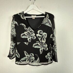 Tommy Bahama Womens Black White Floral Print 3/4 Sleeve Sheer Silk V-Neck Top XL